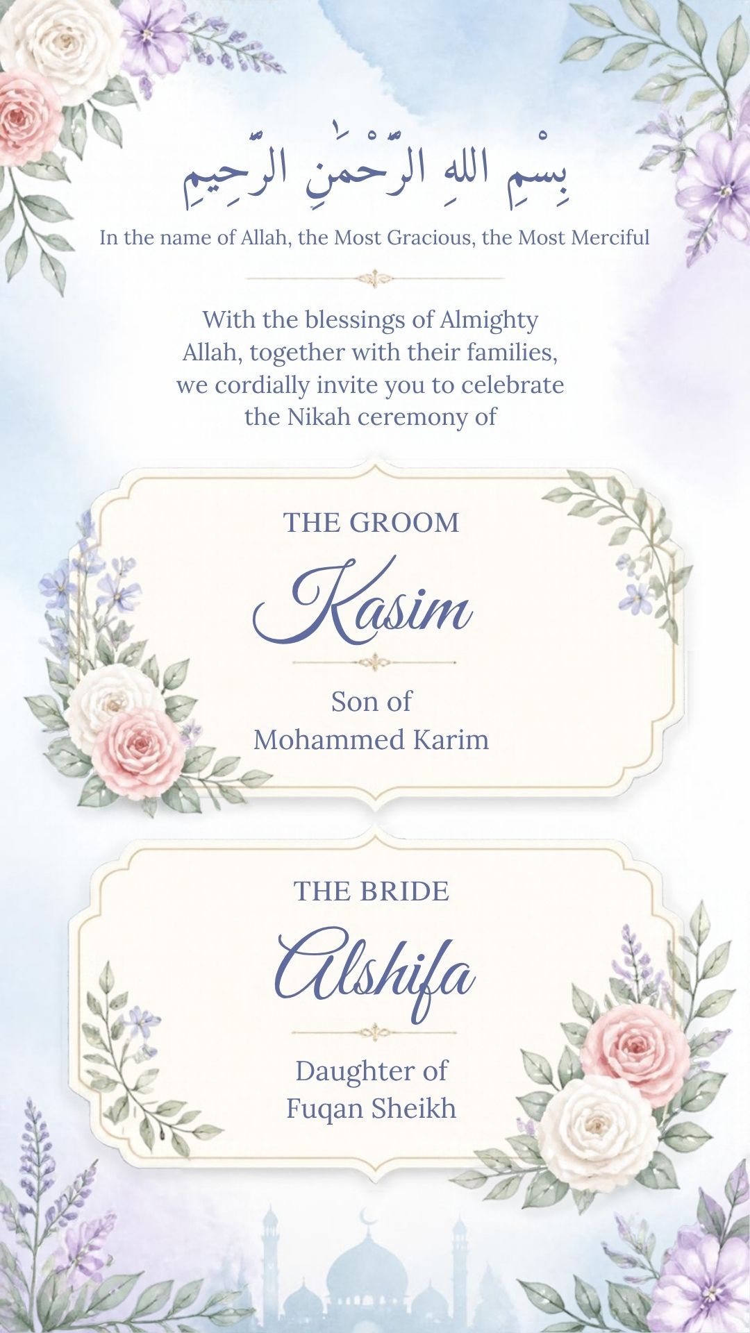 Bismillah. The Nikah of Kasim, son of Mohammed Karim, and Alshifa, daughter of Fuqan Sheikh