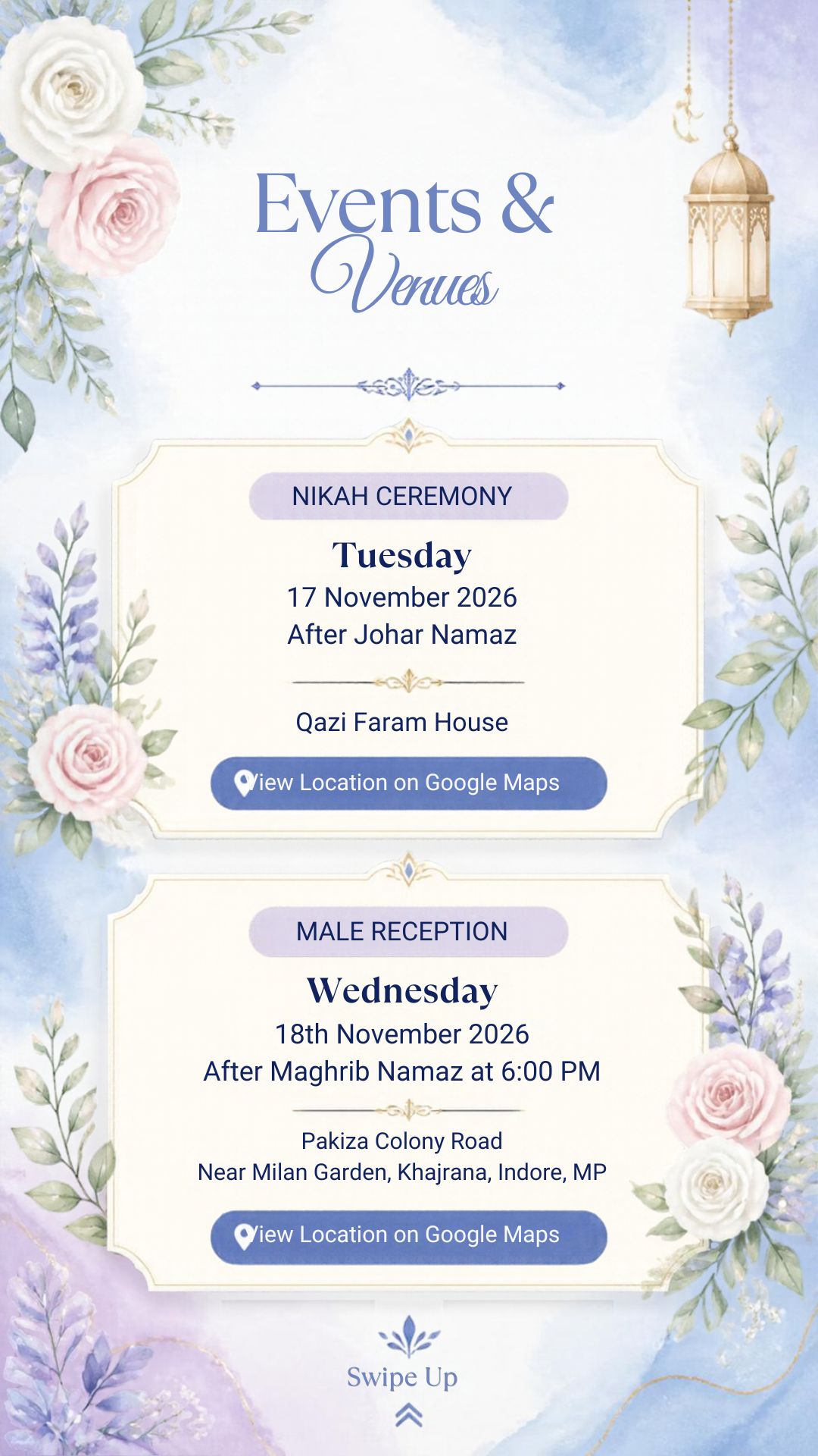 Events and venues: Nikah on 17 November 2026 and Male Reception on 18 November 2026